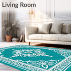 Teal White Floral Crested Frame Rug