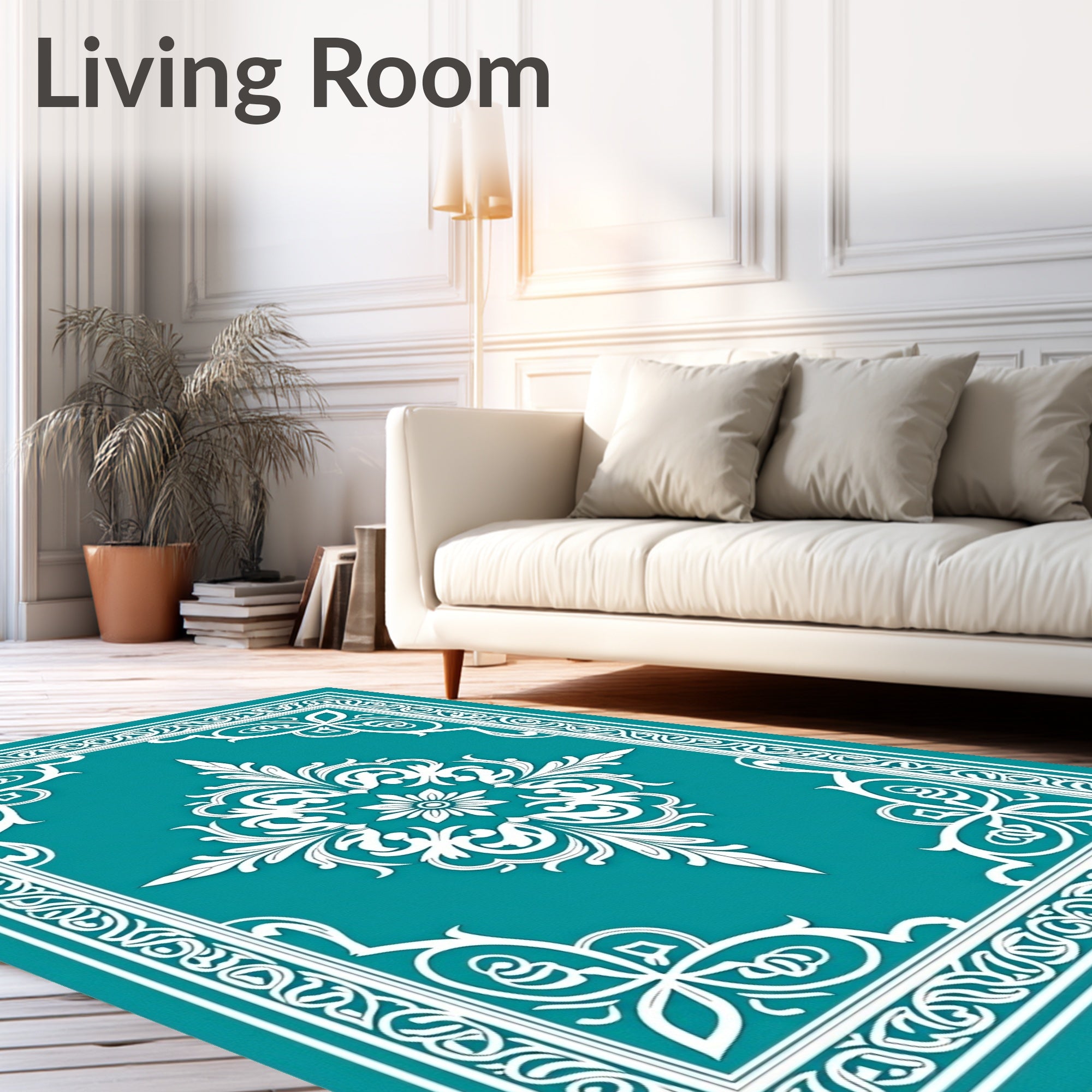 Teal White Floral Crested Frame Rug