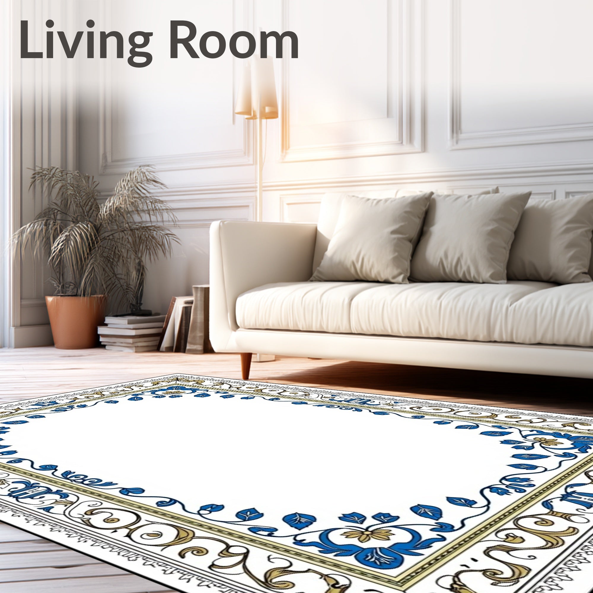 Ornate Blue Gold Scroll Border Art Rug
