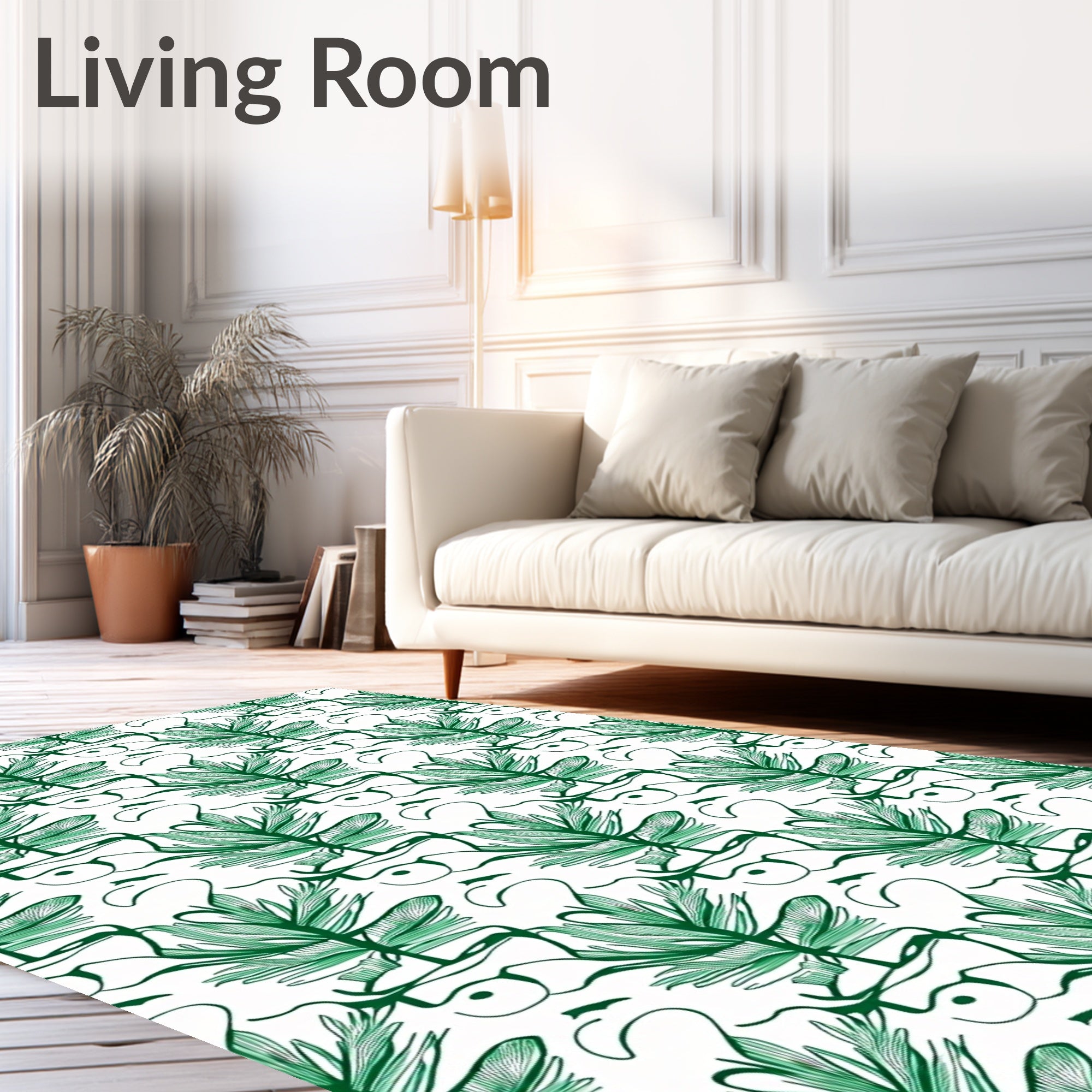 Emerald Green Botanical Sketch Overlay Rug
