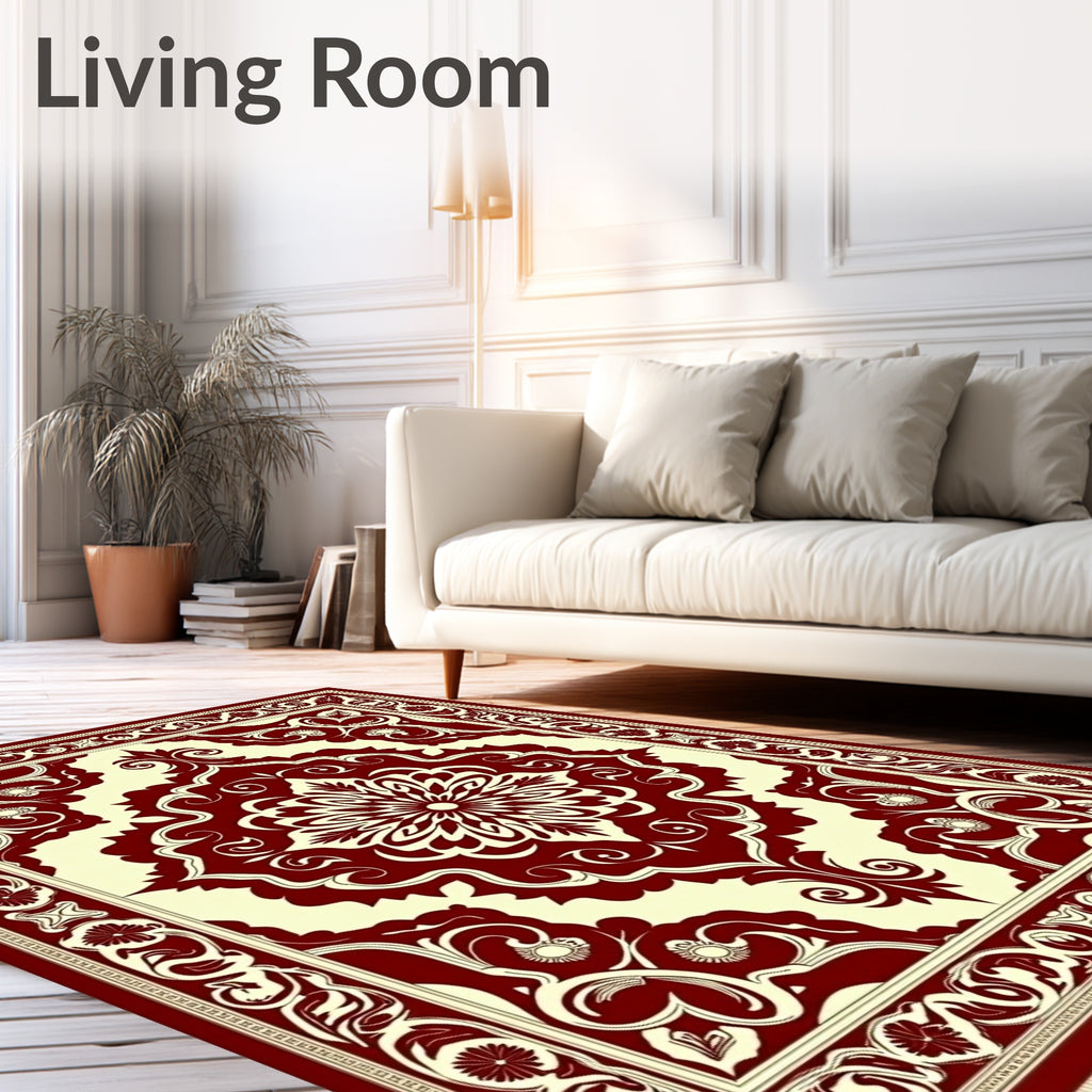 Deep Red Cream Floral Medallion Border Rug