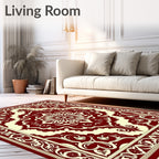 Deep Red Cream Floral Medallion Border Rug