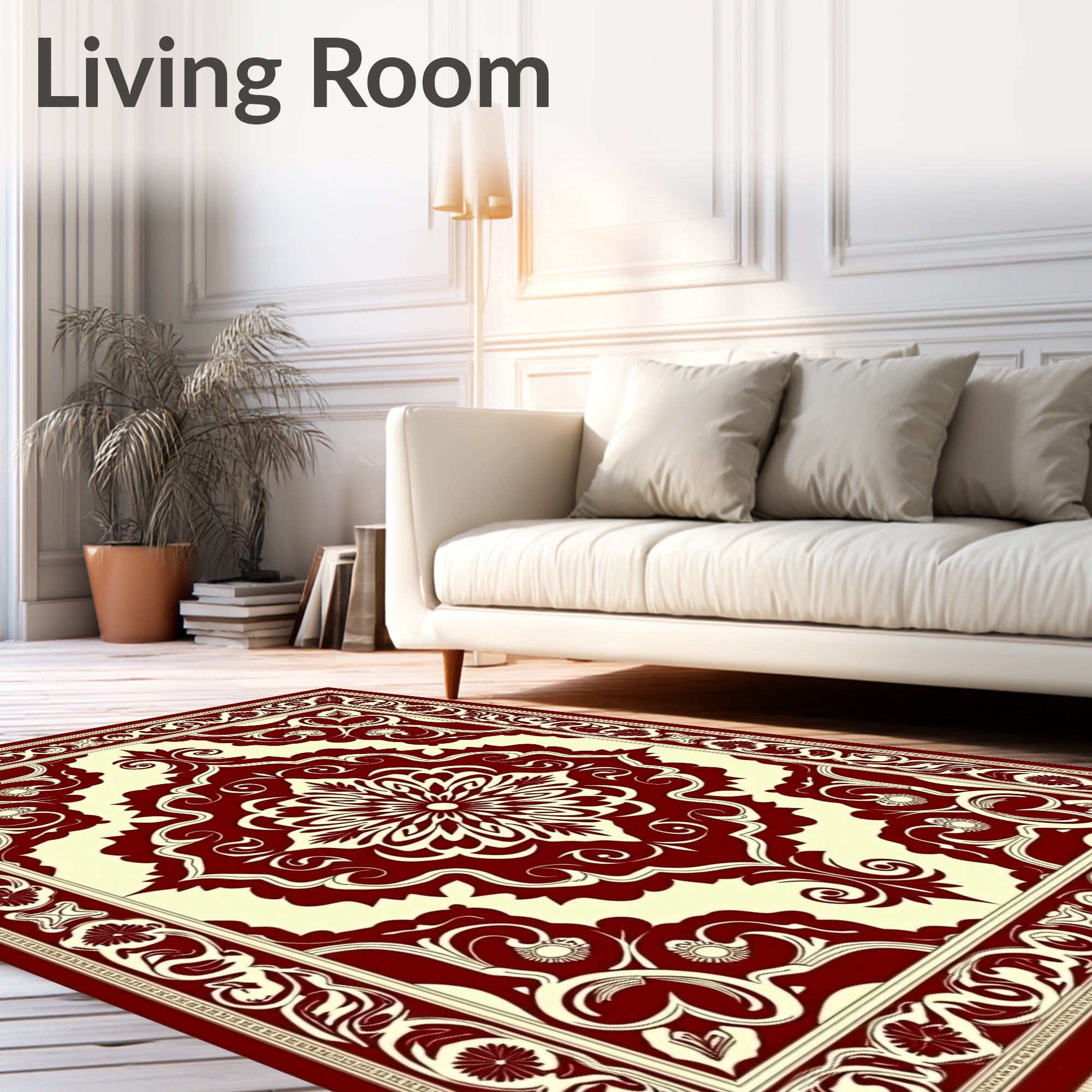 Deep Red Cream Floral Medallion Border Rug