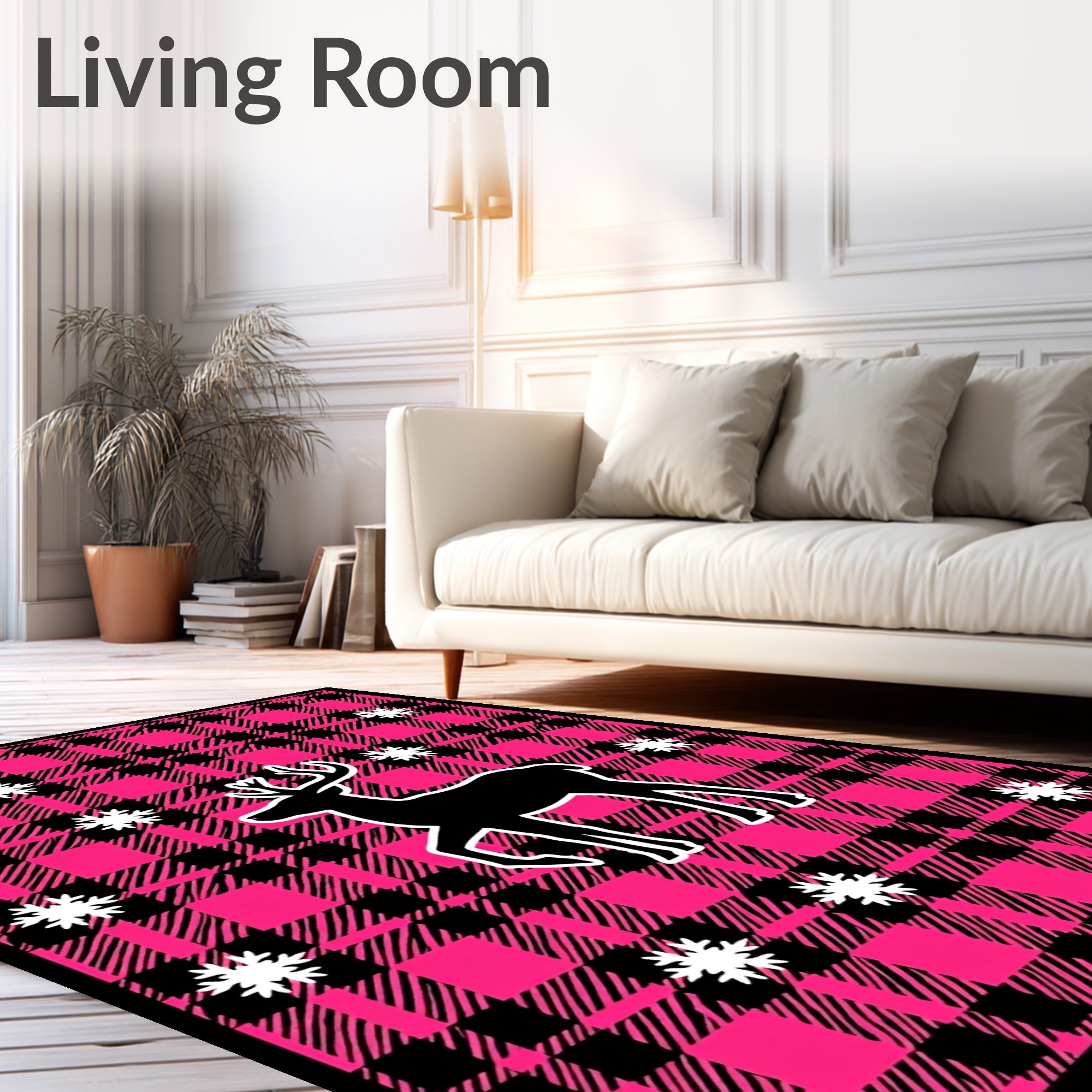 Pink Black Plaid Deer Snowflakes Rug