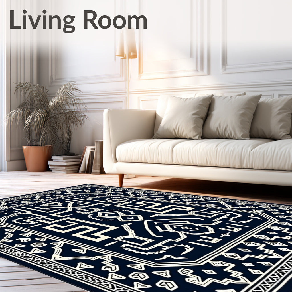 Dark Navy White Geometric Labyrinth Rug