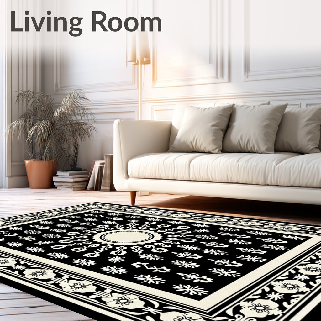 Black and Cream Sunburst Medallion Rug