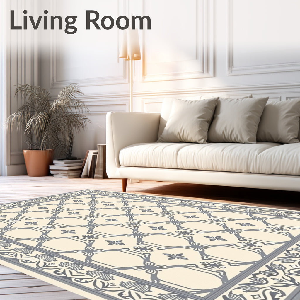 Cream Gray Ornate Lattice Border Rug