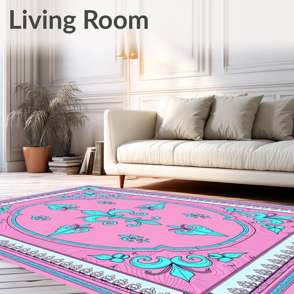 Pink Teal Fleur de Lis Oval Cream Border Rug