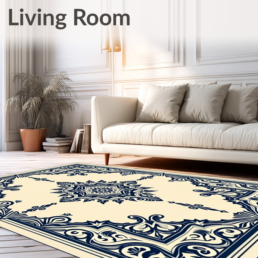 Classic Navy Ivory Floral Medallion Rug