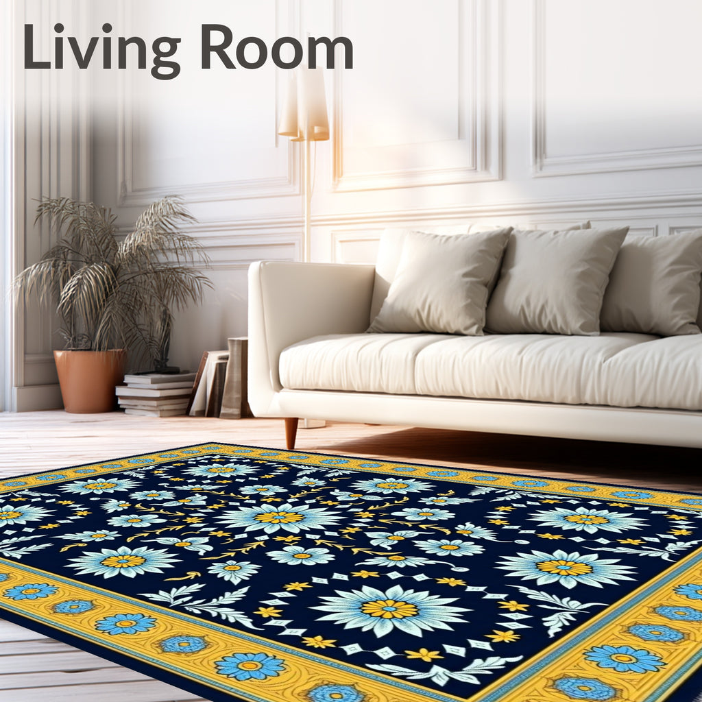 Navy Blue Floral Medallion Yellow Border Rug