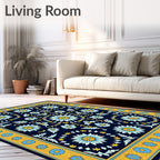 Navy Blue Floral Medallion Yellow Border Rug