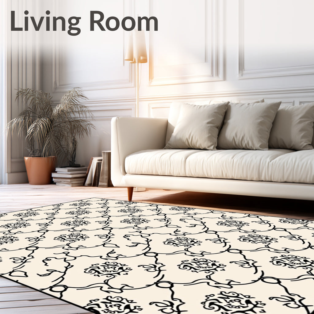 Ornate Black Vine Medallion Cream Layout Rug