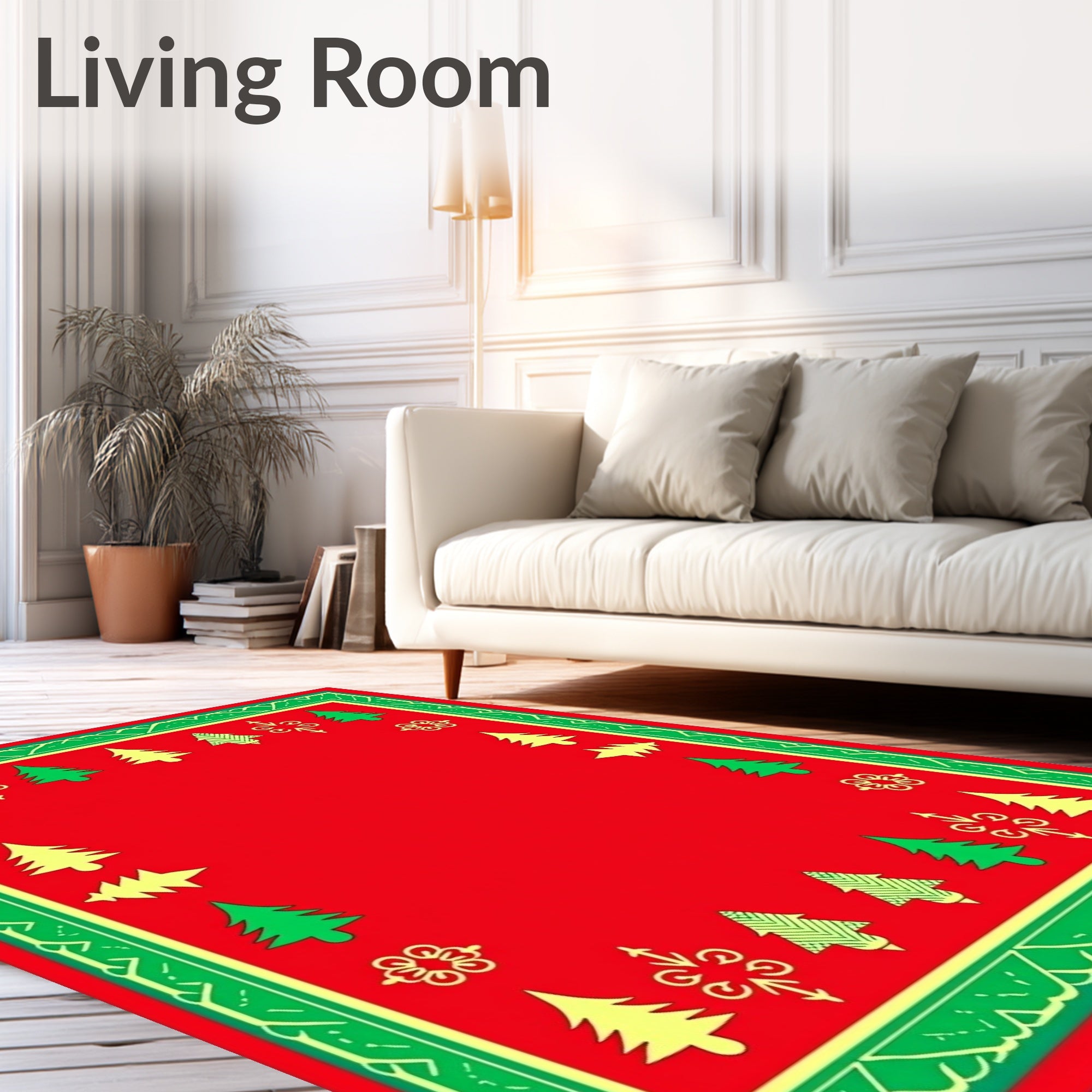 Festive Red Green Christmas Tree Border Rug