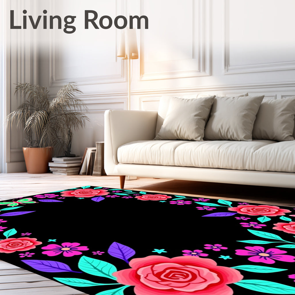 Vibrant Pink Roses Butterflies Floral Border Rug