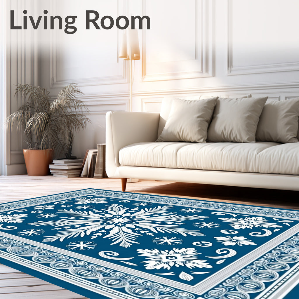 Deep Blue White Snowflake Floral Medallion Rug