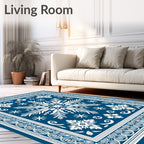 Deep Blue White Snowflake Floral Medallion Rug