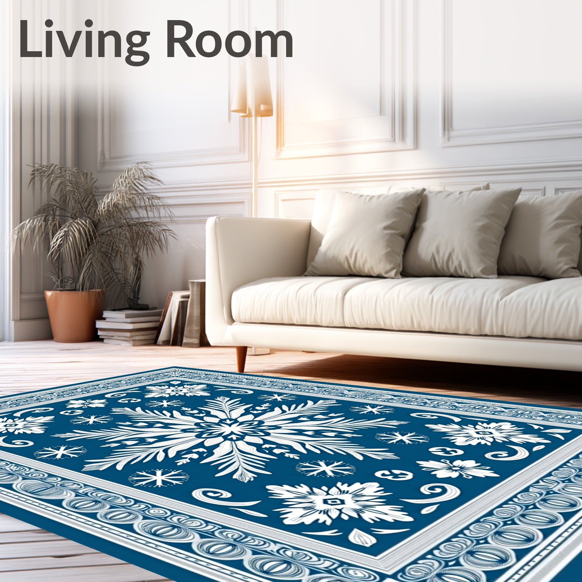 Deep Blue White Snowflake Floral Medallion Rug
