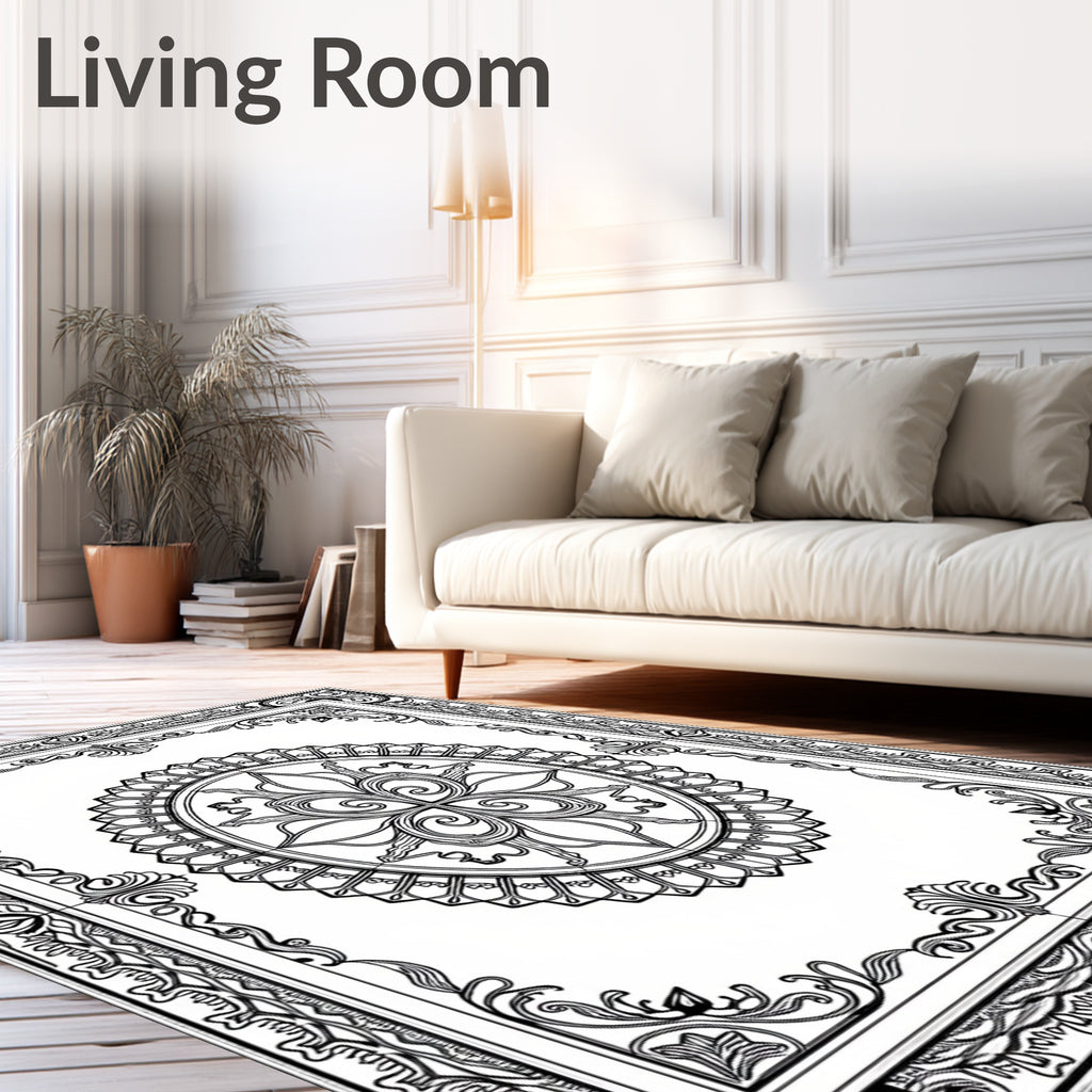 Ornate Black White Medallion Border Rug