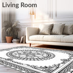 Ornate Black White Medallion Border Rug