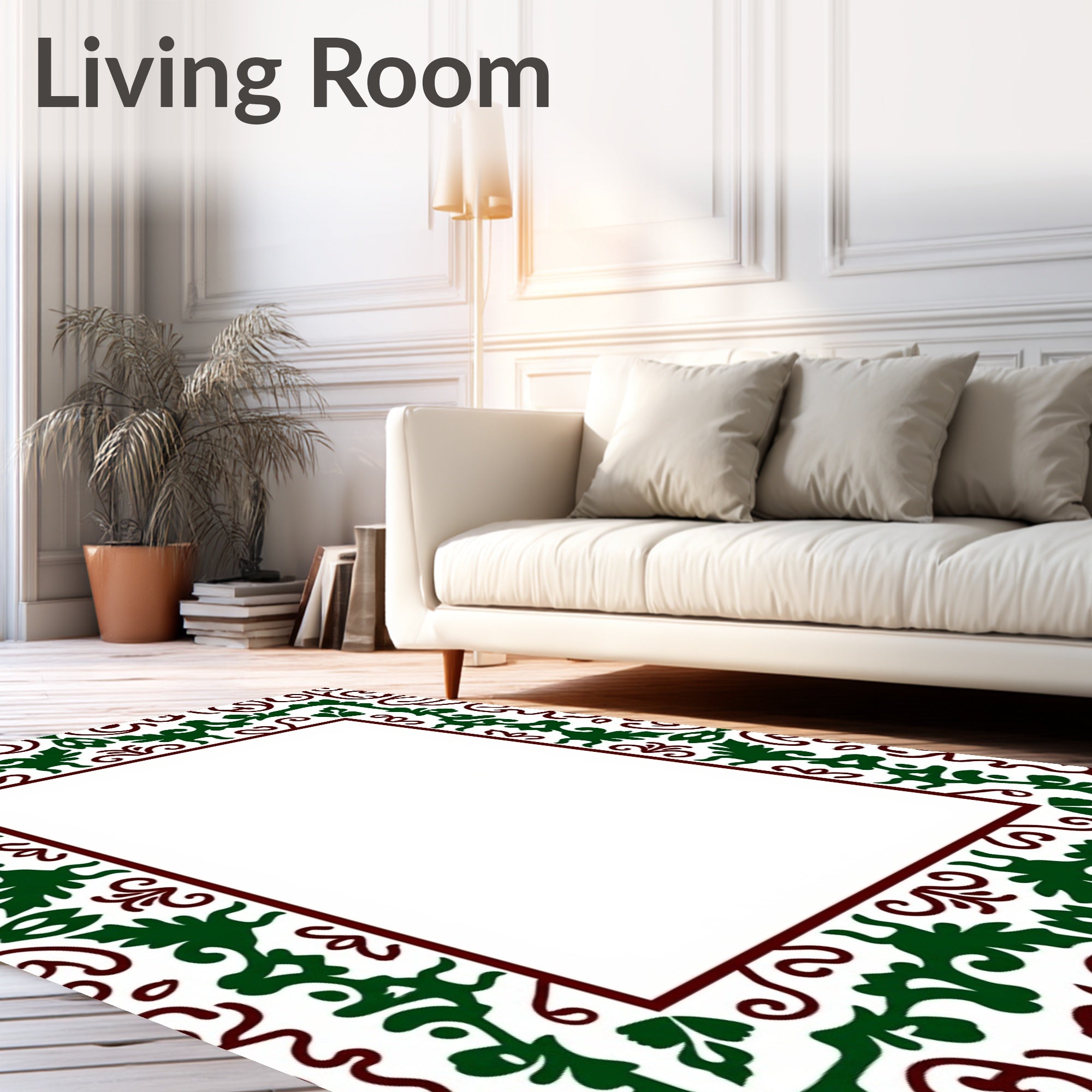 Deep Green Vine Scroll Frame Rug