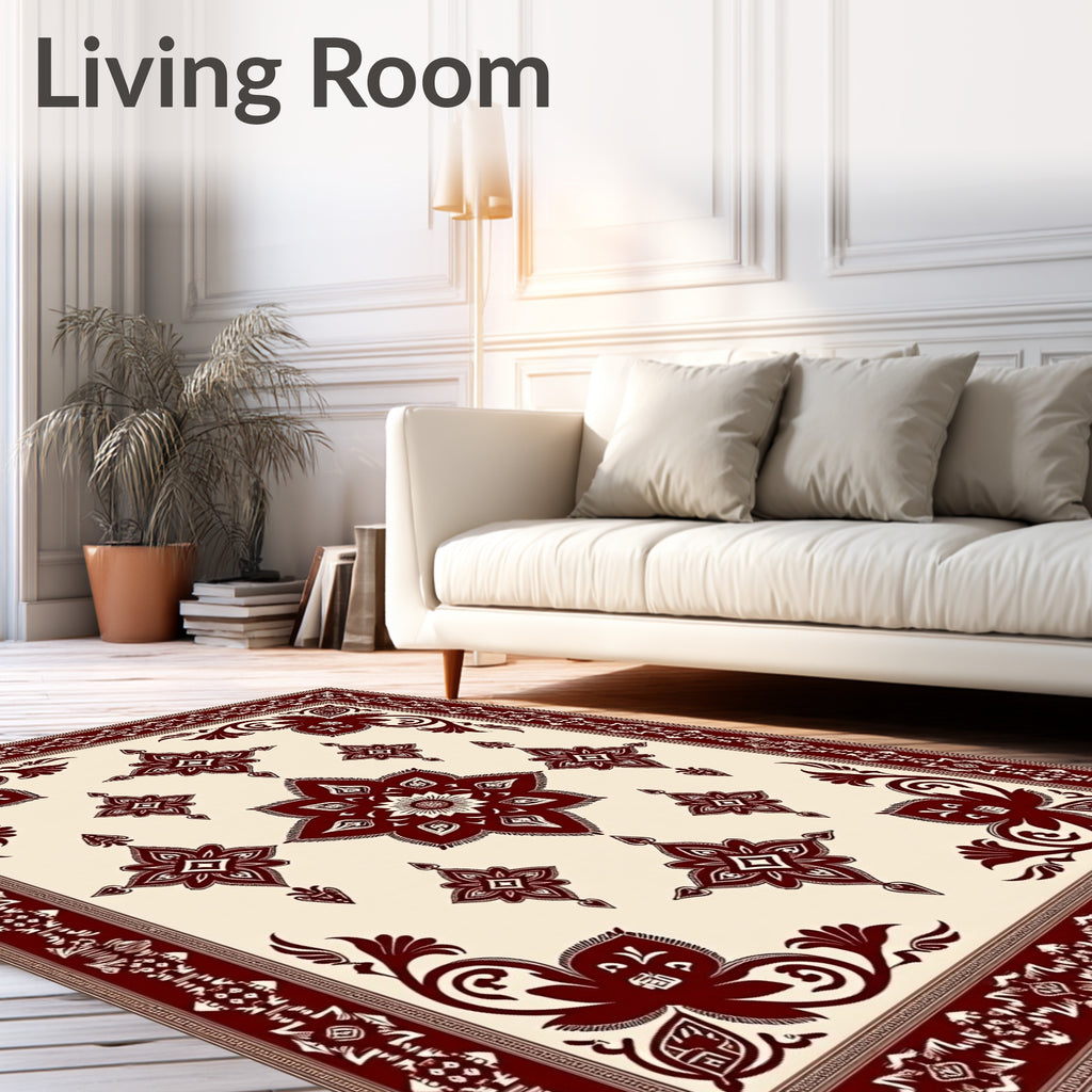 Rich Crimson Geometric Bloom Border Rug