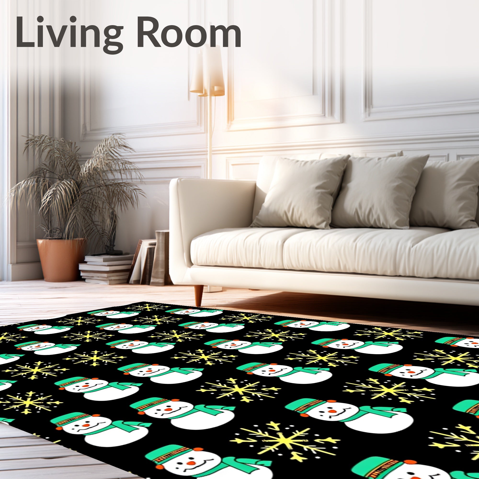 Cheerful Snowman Yellow Snowflake Black Rug