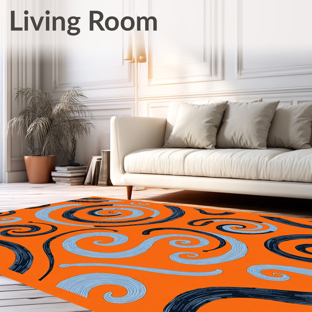 Orange Swirls Navy Blue Light Blue Rug
