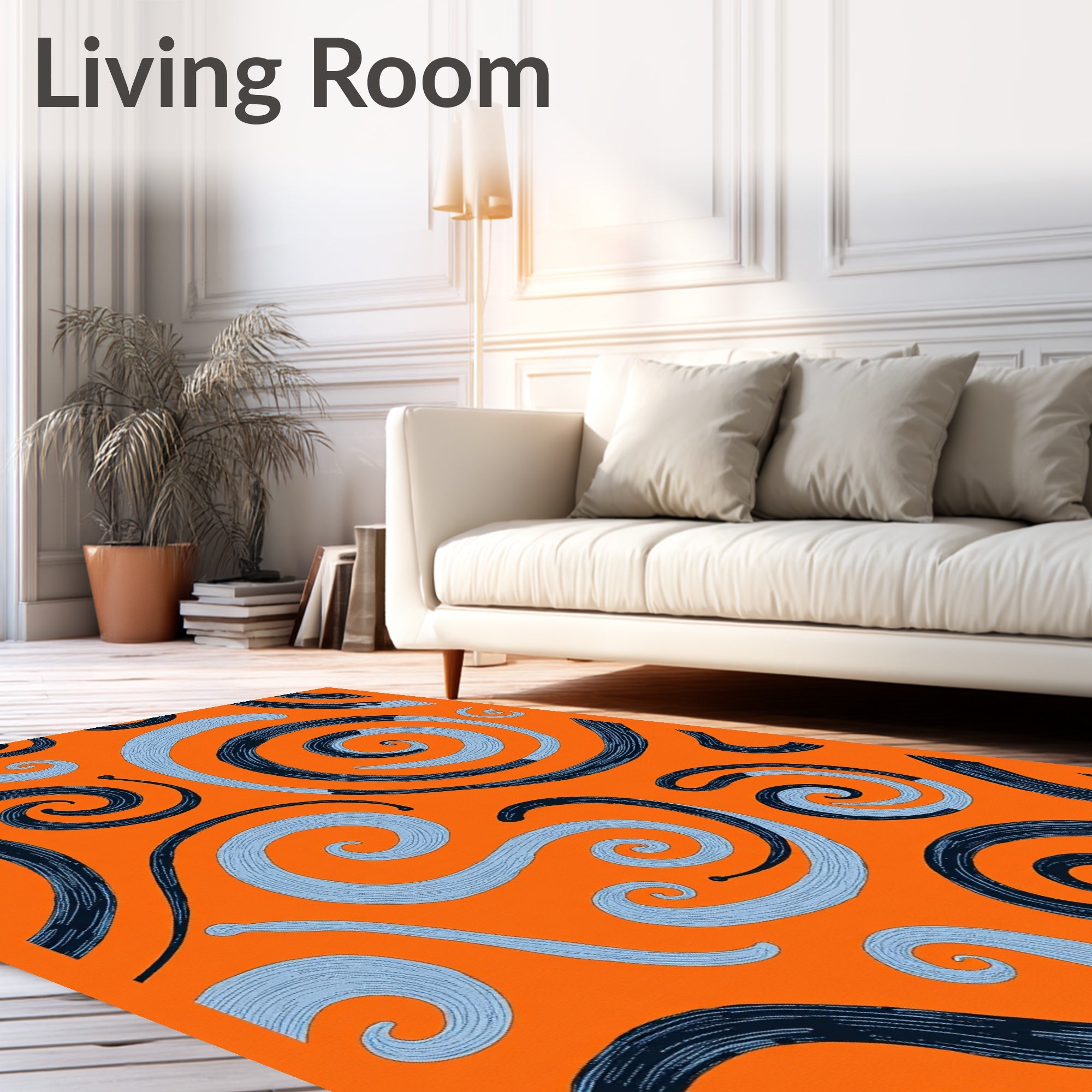 Orange Swirls Navy Blue Light Blue Rug