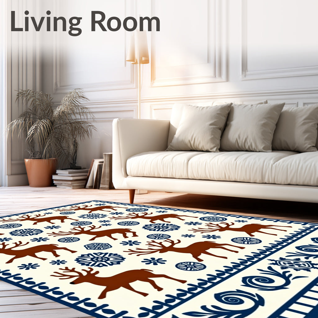 Rustic Brown Reindeer Snowflake Border Rug