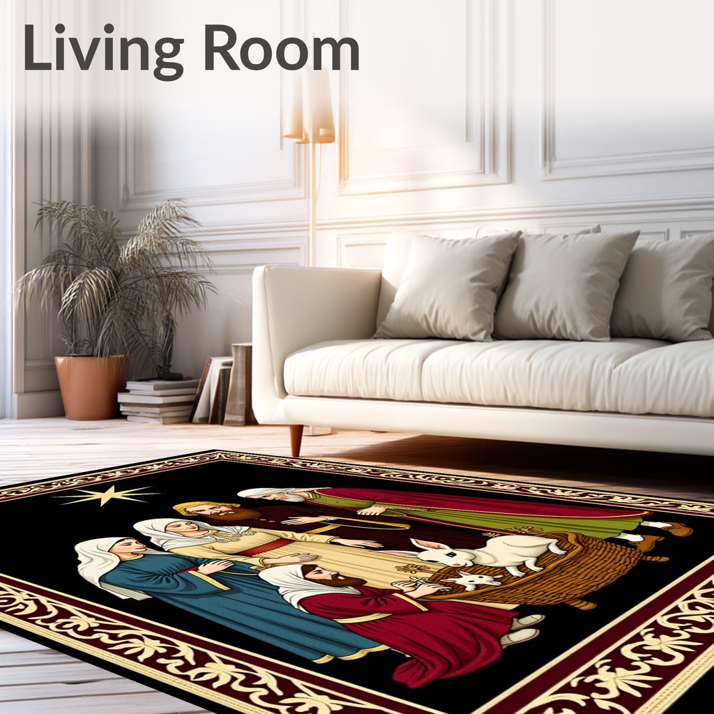 Crimson Nativity Star With Rabbits Rug