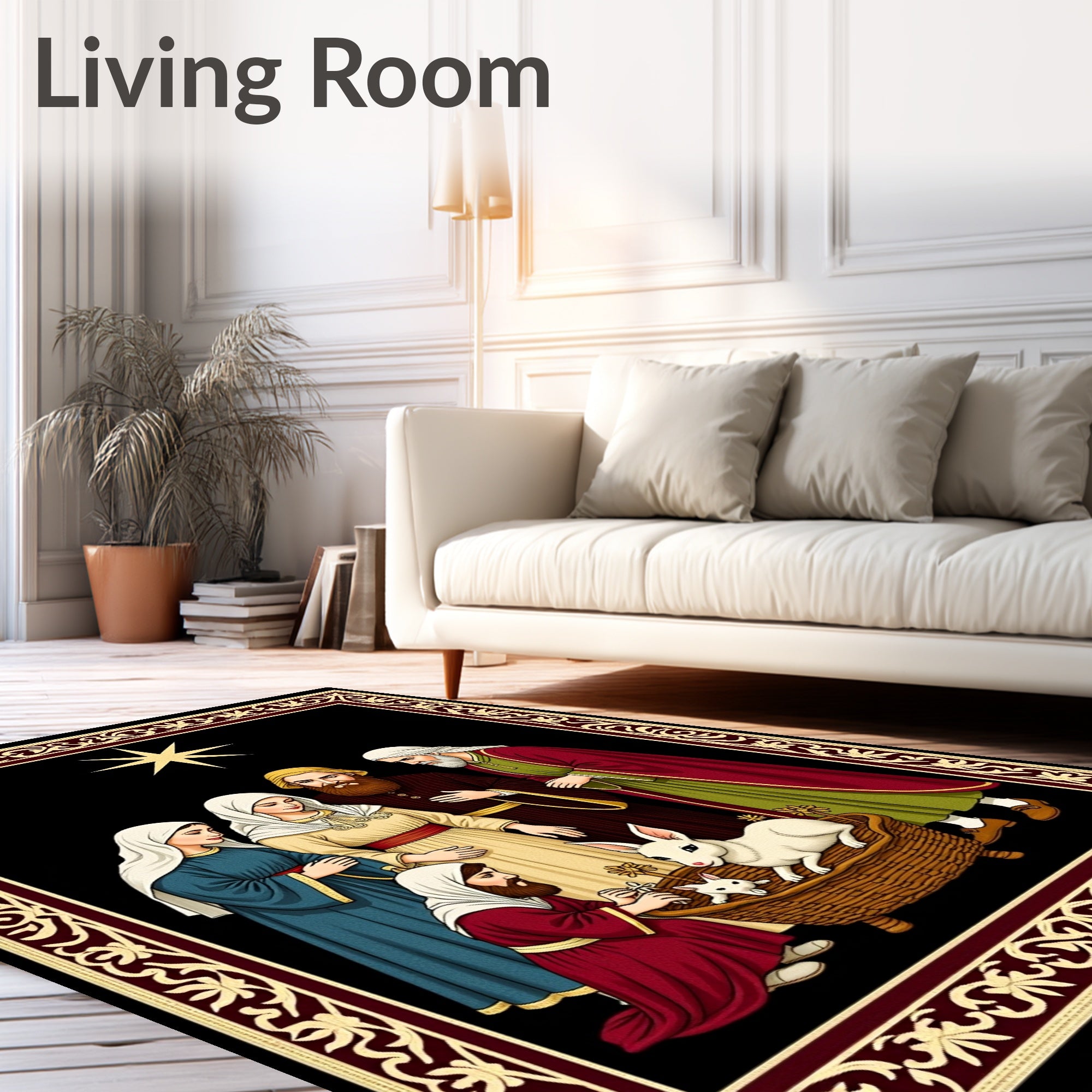 Crimson Nativity Star With Rabbits Rug