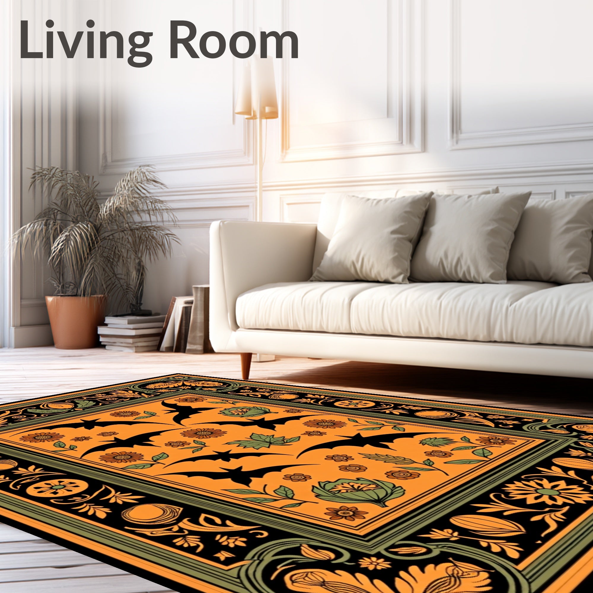 Orange Bat Floral Border Rug