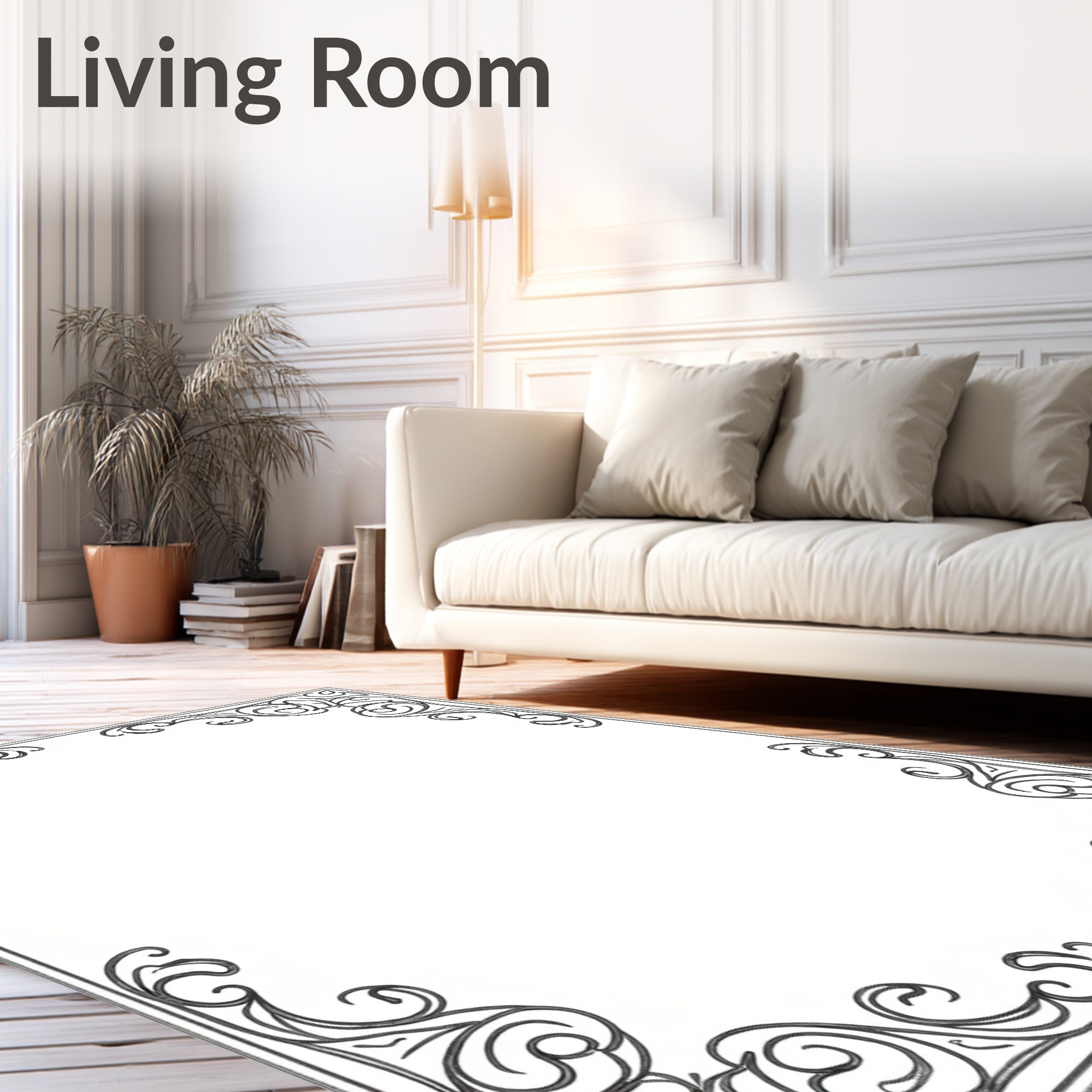 Ornate Dark Gray Scrollwork Border Rug