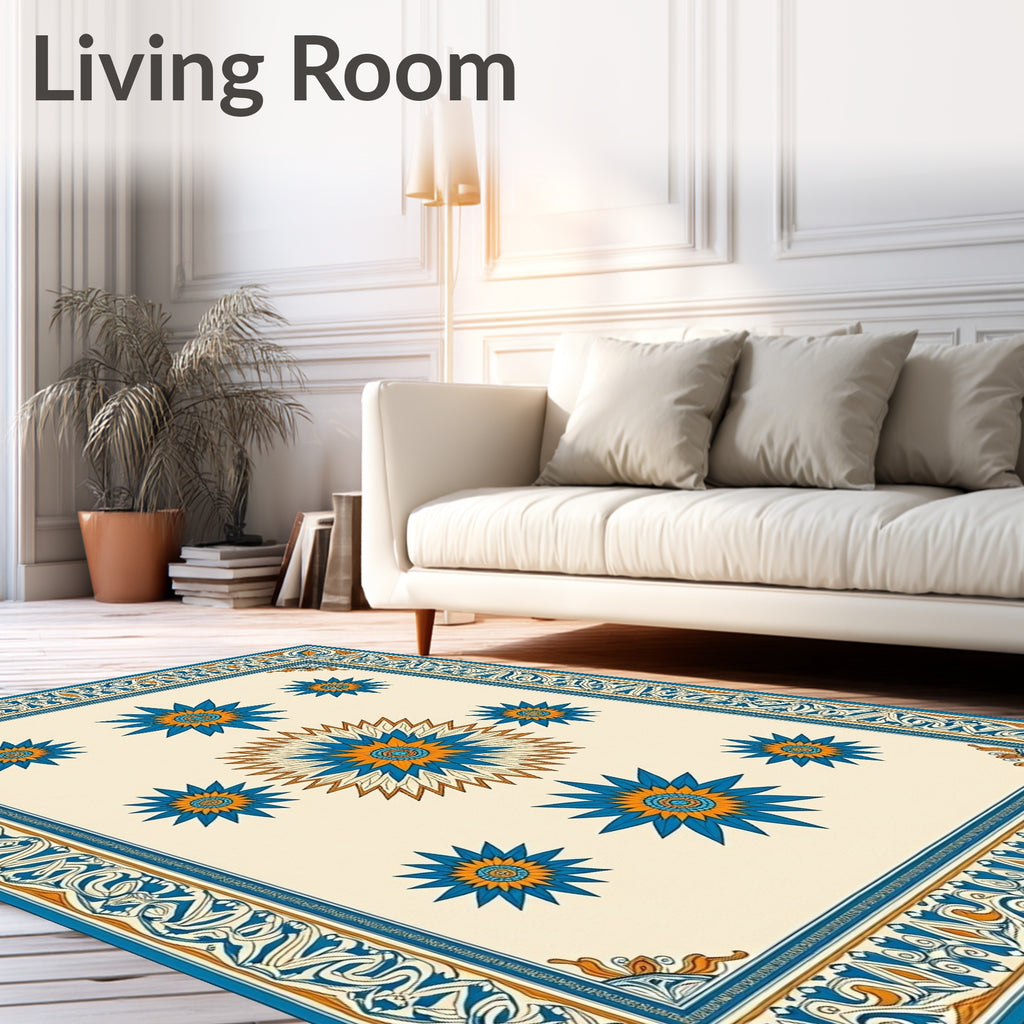 Orange Blue Starburst Floral Border Rug