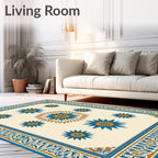 Orange Blue Starburst Floral Border Rug