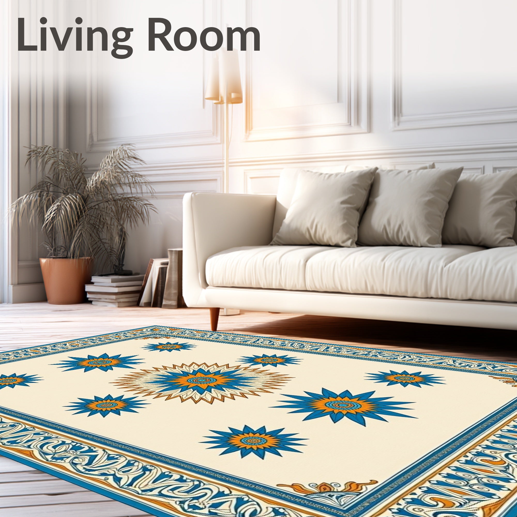 Orange Blue Starburst Floral Border Rug
