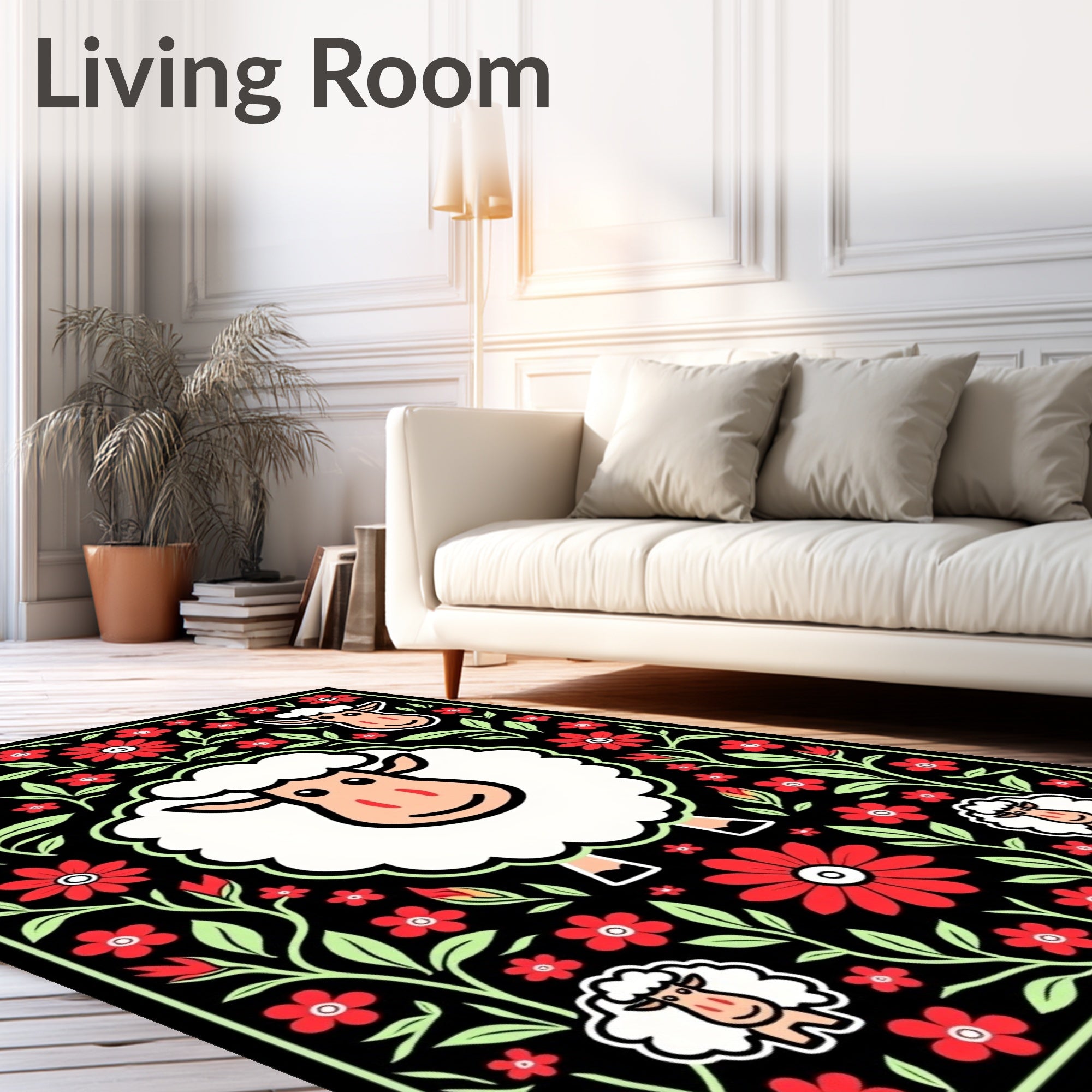 Whimsical Red Floral Sheep Garden Rug