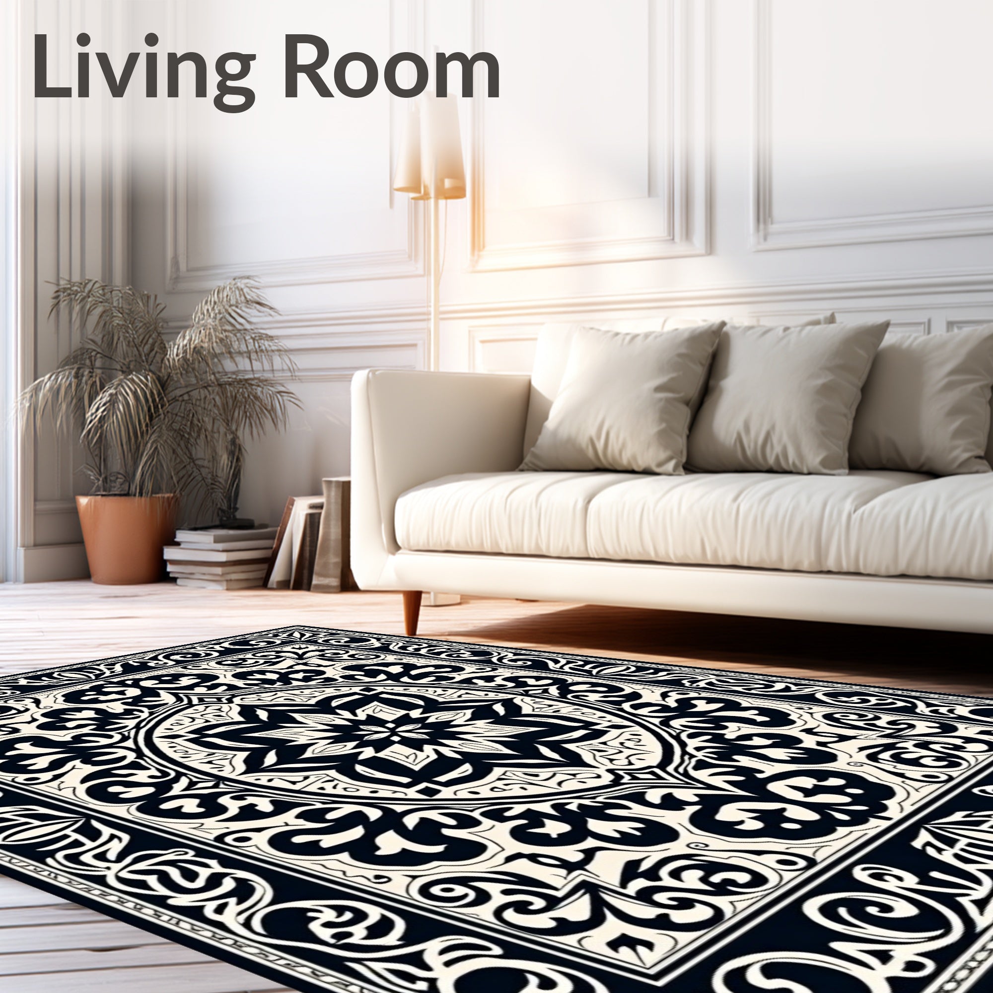 Black Cream Intricate Floral Medallion Rug