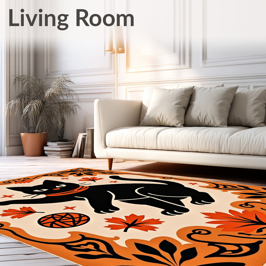 Black Cat Orange Scarf Autumn Leaves Rug