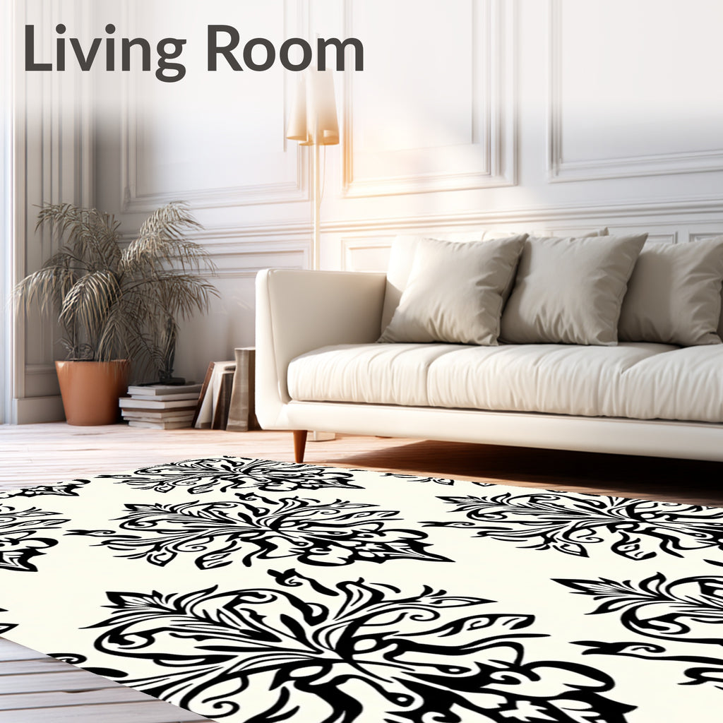 Classic Black and Cream Damask Ornament Rug