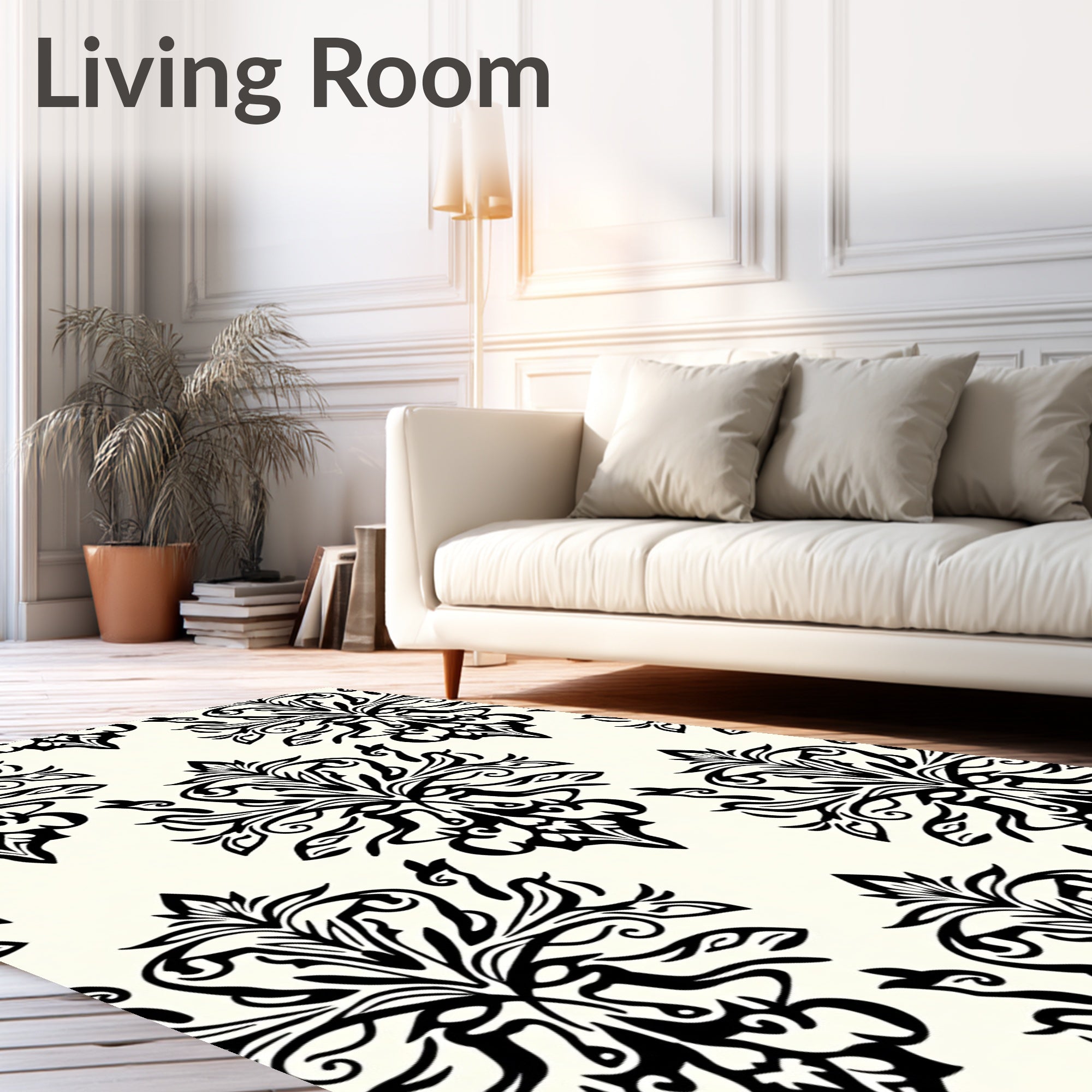Classic Black and Cream Damask Ornament Rug