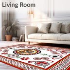 Red And White Happy Dog Floral Border Rug
