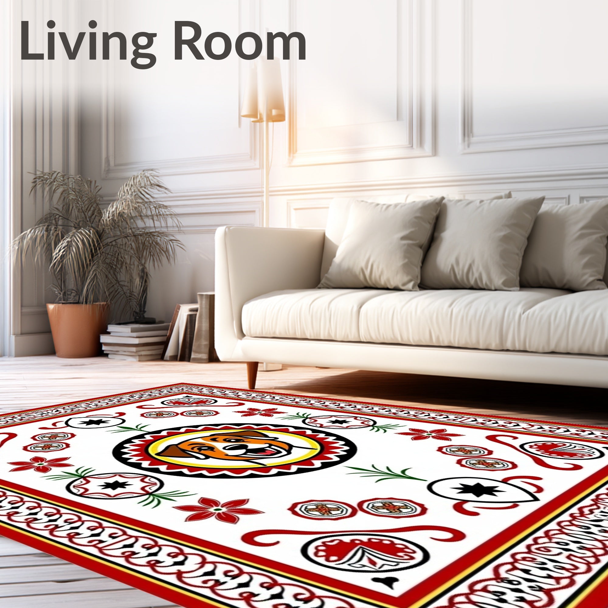 Red And White Happy Dog Floral Border Rug