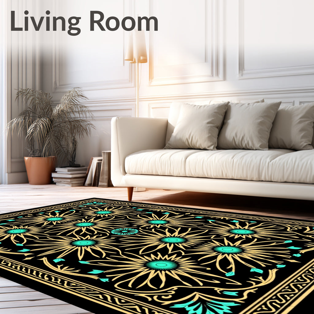 Gold Teal Floral Sunburst Mandala Rug