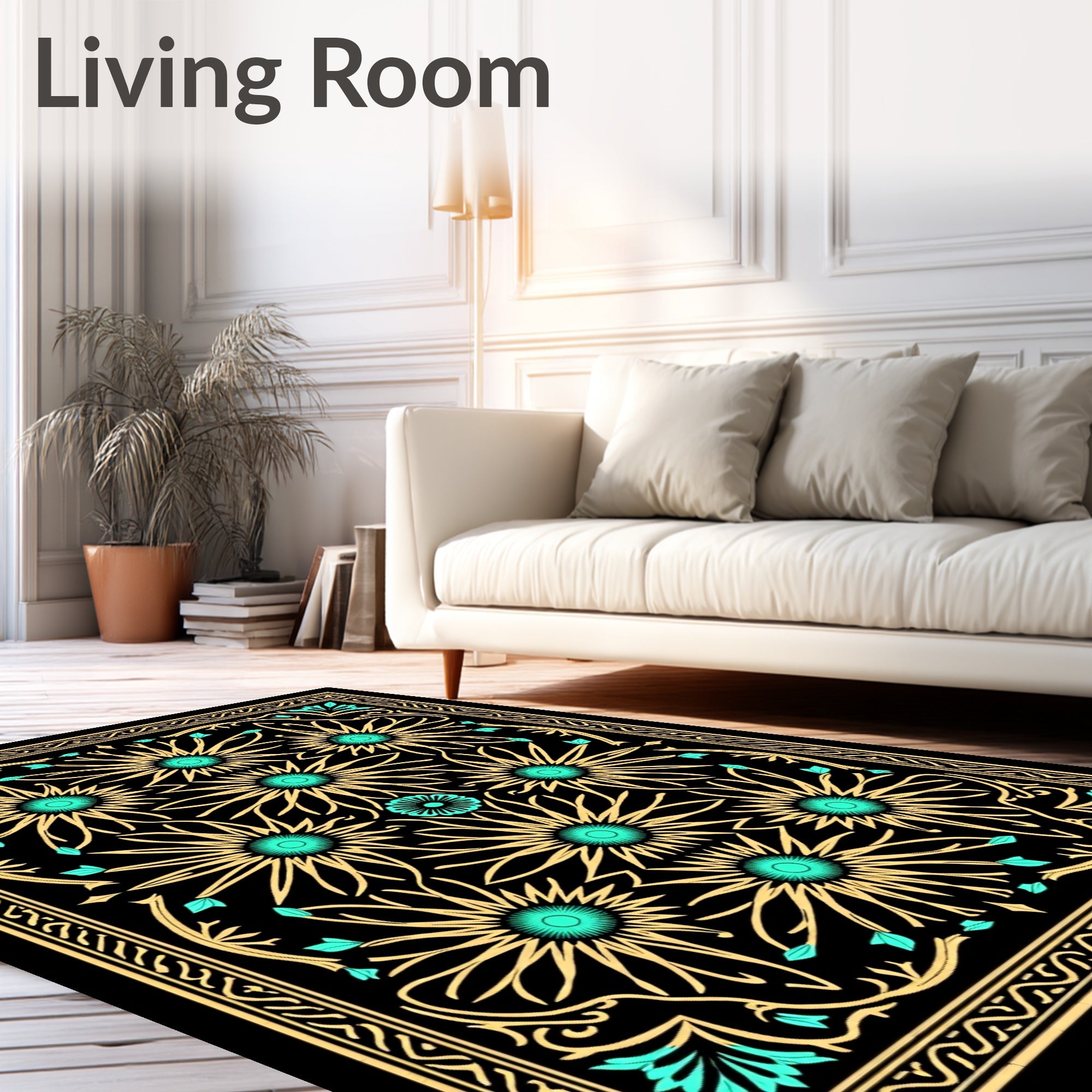 Gold Teal Floral Sunburst Mandala Rug