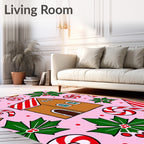 Pink Gingerbread Holly Candy Cane Houses Rug