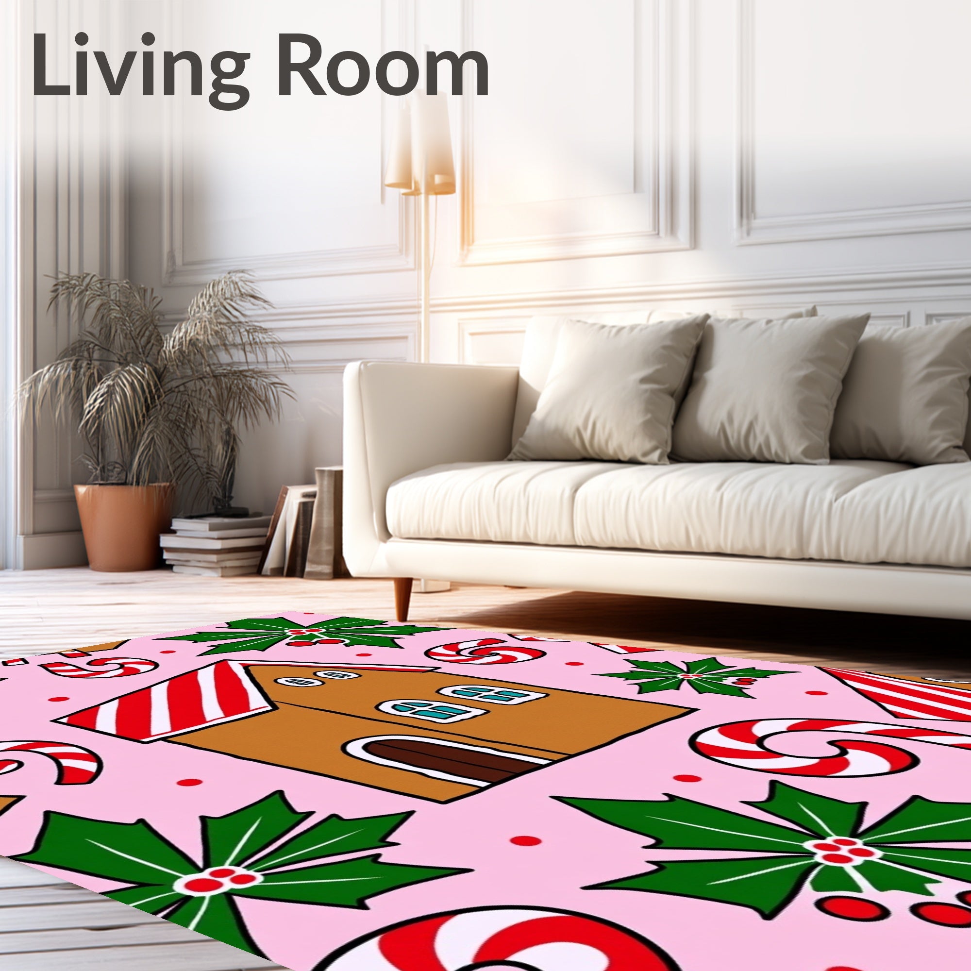 Pink Gingerbread Holly Candy Cane Houses Rug