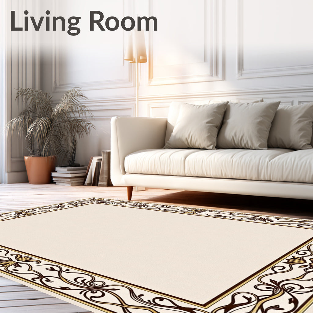 Ornate Brown and Gold Floral Border Rug