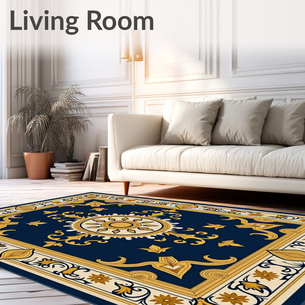Deep Blue Golden Sun Medallion Rug