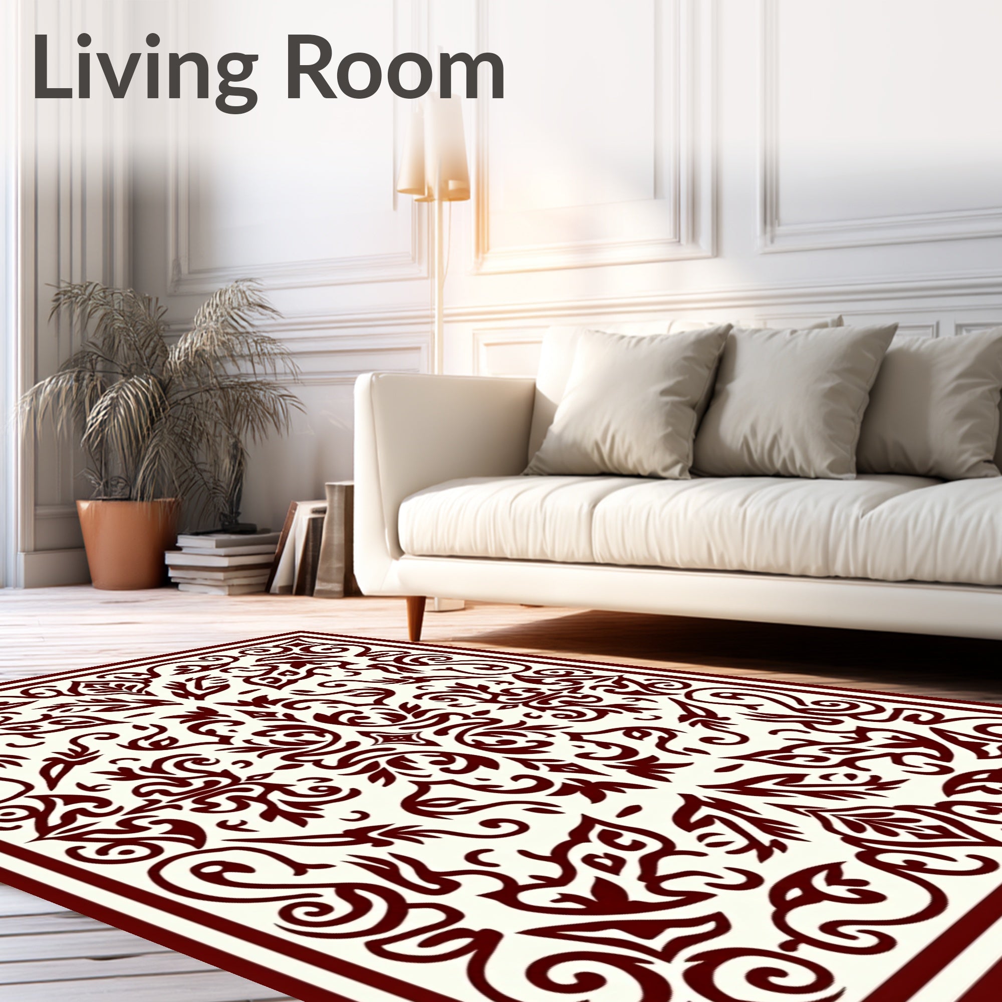 Crimson Ivory Arabesque Scrollwork Rug